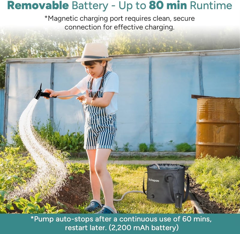 Dr. Prepare Portable Shower for Camping, Shower Pump with 8000mAh Battery, 2200mAh Battery with 4.5 Gallons Bucket - Image 3